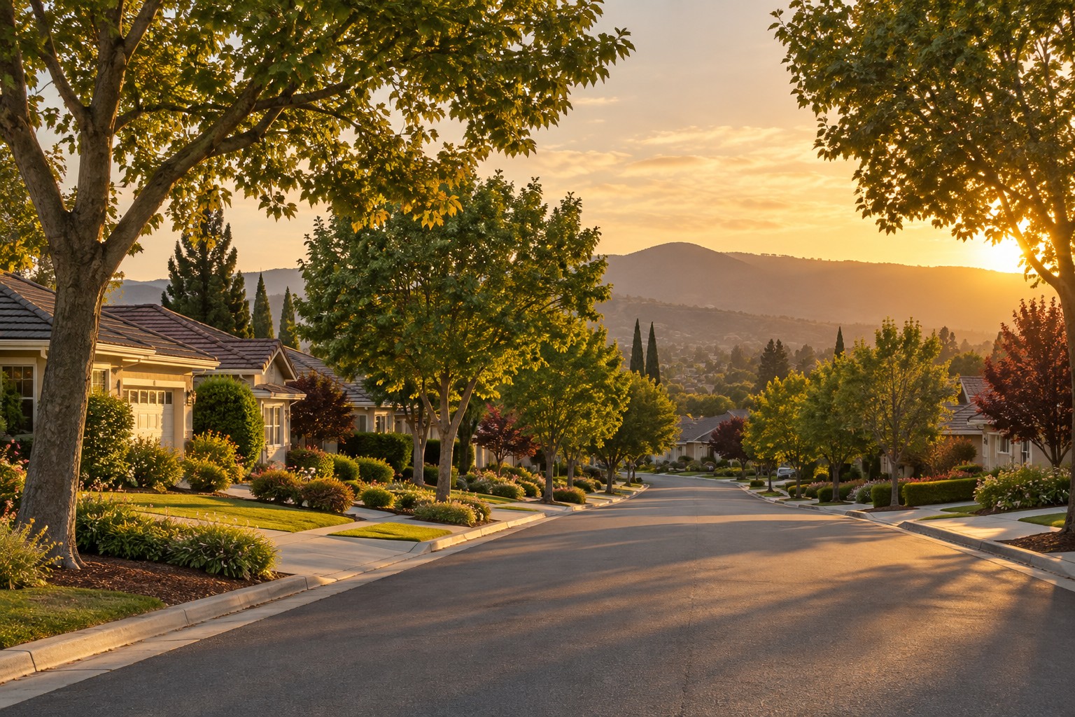 A tree-lined South Santa Clara Valley residential street, illustrative