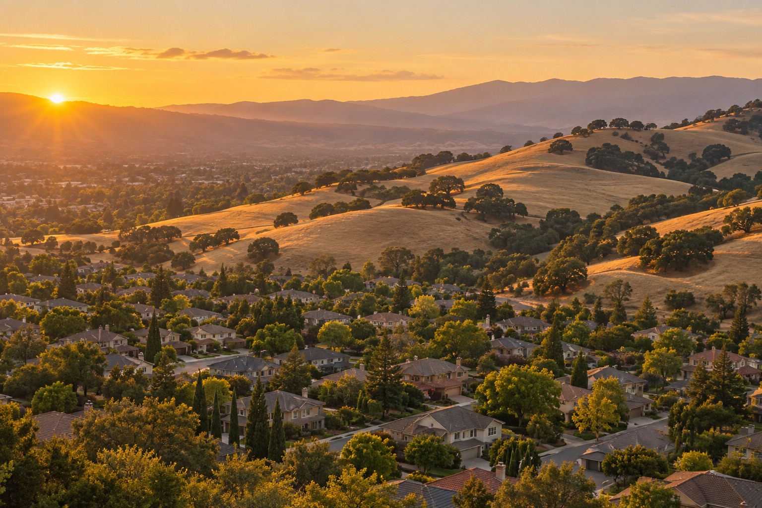 A South Santa Clara Valley neighborhood at golden hour, illustrative