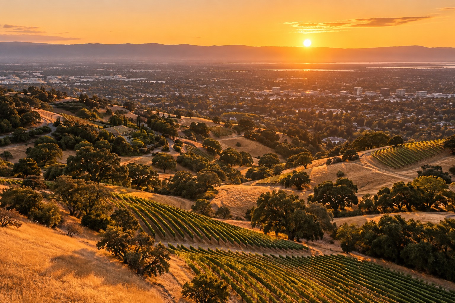 A South Santa Clara Valley street at sunset, illustrative