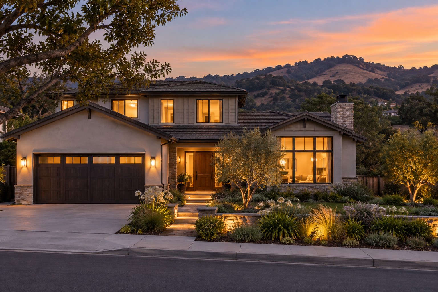 A South Santa Clara Valley home exterior at dusk, illustrative