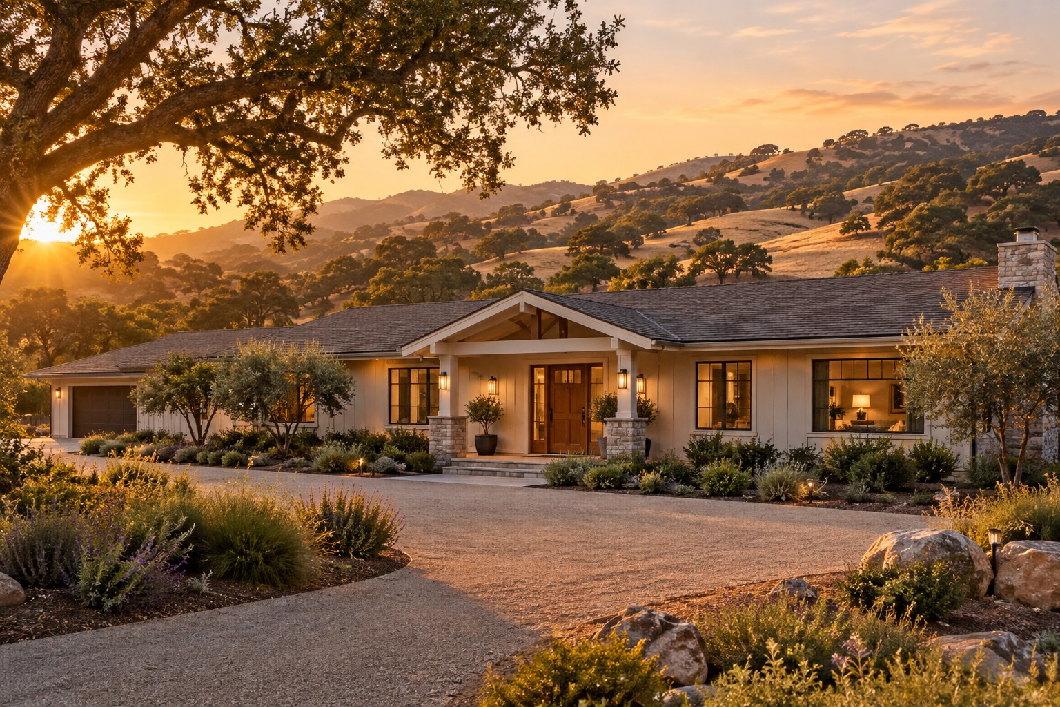 A South Santa Clara Valley home exterior at golden hour, illustrative